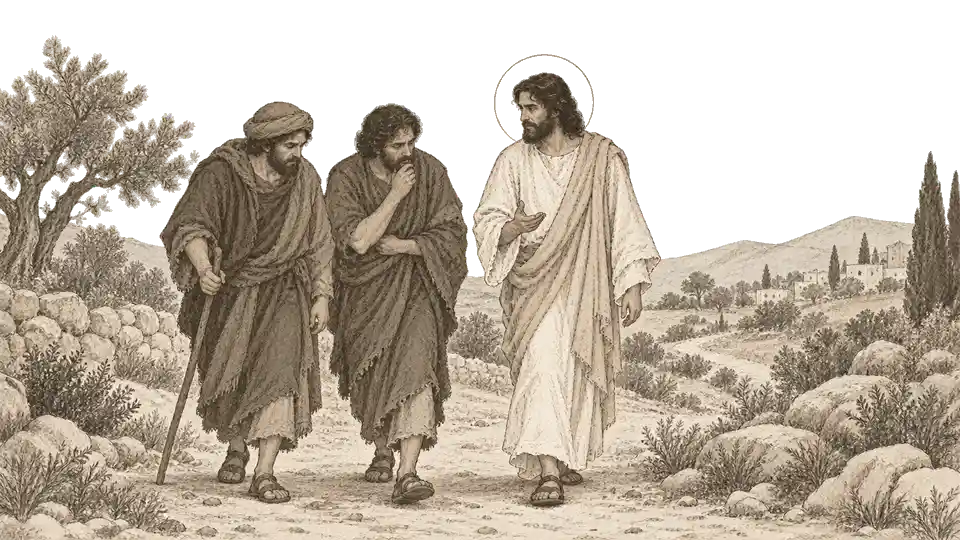Dessin à la plume : deux disciples marchent sur la route d’Emmaüs, Jésus les rejoint sans qu’ils le reconnaissent.